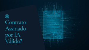 Ilustração digital de um contrato com linha de assinatura luminosa e padrões de circuito, em tons de azul-marinho e ciano, representando a validade jurídica de contratos gerados por inteligência artificial.