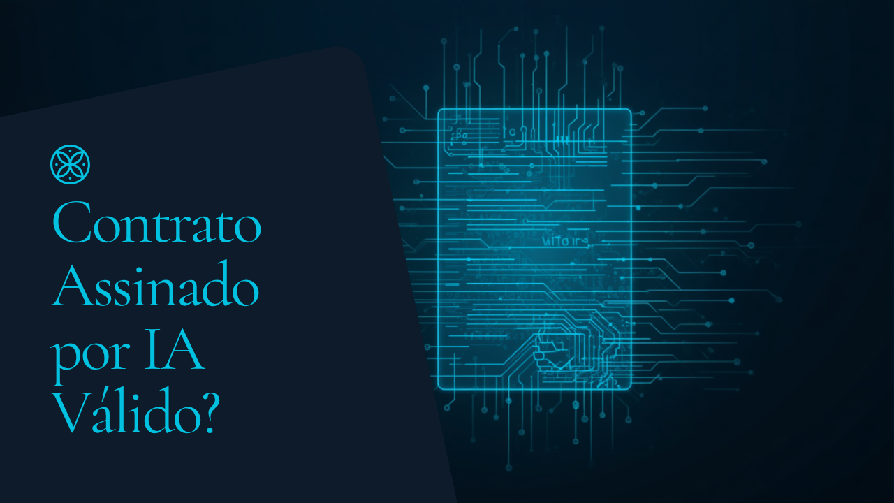 Ilustração digital de um contrato com linha de assinatura luminosa e padrões de circuito, em tons de azul-marinho e ciano, representando a validade jurídica de contratos gerados por inteligência artificial.