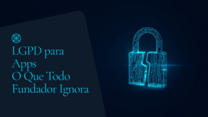 Ilustração digital de um cadeado de circuitos parcialmente aberto, com silhueta de smartphone ao fundo, em tons de azul-marinho e ciano, simbolizando vulnerabilidade de dados em aplicativos sujeitos à LGPD.