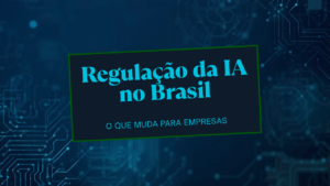 Ilustração abstrata em tons de azul-marinho e ciano representando a regulação da inteligência artificial no Brasil, com elementos de tecnologia e legislação