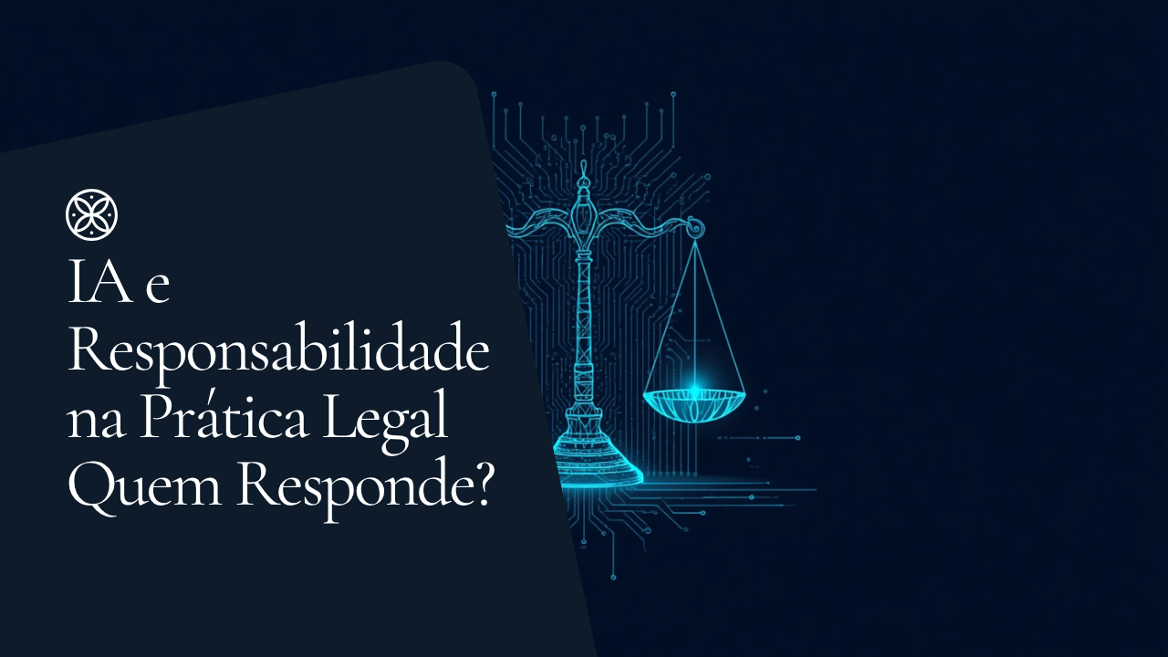 Ilustração digital de uma balança da justiça estilizada, fundida com padrões de circuito e rede neural, em tons de azul-marinho e ciano, simbolizando a interseção entre inteligência artificial e responsabilidade jurídica.