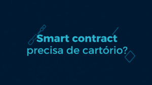 Thumbnail com título 'Smart contract precisa de cartório?' em fundo azul-marinho e ciano, com ícones geométricos de blockchain e documentos