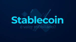 Thumbnail com título 'Stablecoin é valor mobiliário?' em fundo azul-marinho e ciano, com ícones de moeda e câmbio