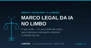 Balança da justiça conectada a uma rede de circuitos digitais, ilustrando o artigo "Marco Legal da IA no limbo" sobre o PL 2.338/2023 no blog LawGeek
