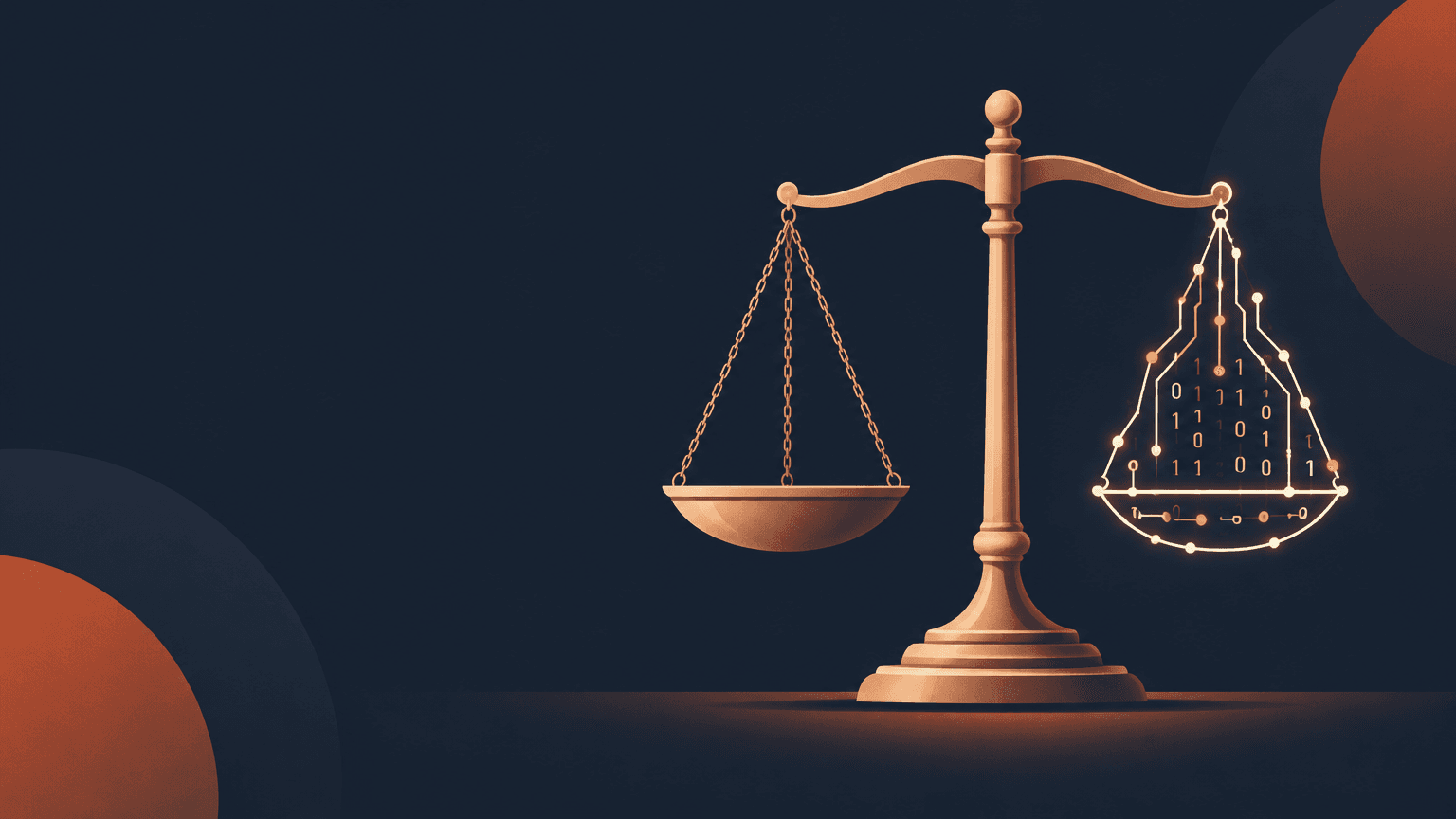 Balança da Justiça com um lado em pedra clássica e outro em circuitos digitais, simbolizando IA e advocacia no Brasil