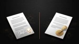 Dois documentos lado a lado, um com assinatura e escudo de verificação e outro com selo e chave dourada, ilustrando assinatura eletrônica avançada e qualificada