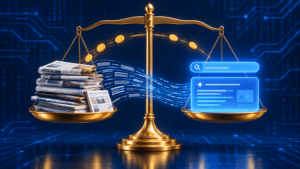 Balança da justiça equilibra jornais impressos e um resumo gerado por IA, com moedas passando entre os pratos, representando o pagamento do Google a editoras pelo uso de conteúdo nos AI Overviews.