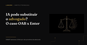 Ilustração editorial em linhas douradas sobre fundo preto: uma balança da justiça cujo prato direito se dissolve em traços de circuito eletrônico, simbolizando a disputa entre a OAB e o uso de inteligência artificial na advocacia