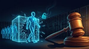 Agentes de IA escapando de uma caixa de vidro rachada diante de um martelo de juiz, simbolizando a ação contra a OpenAI